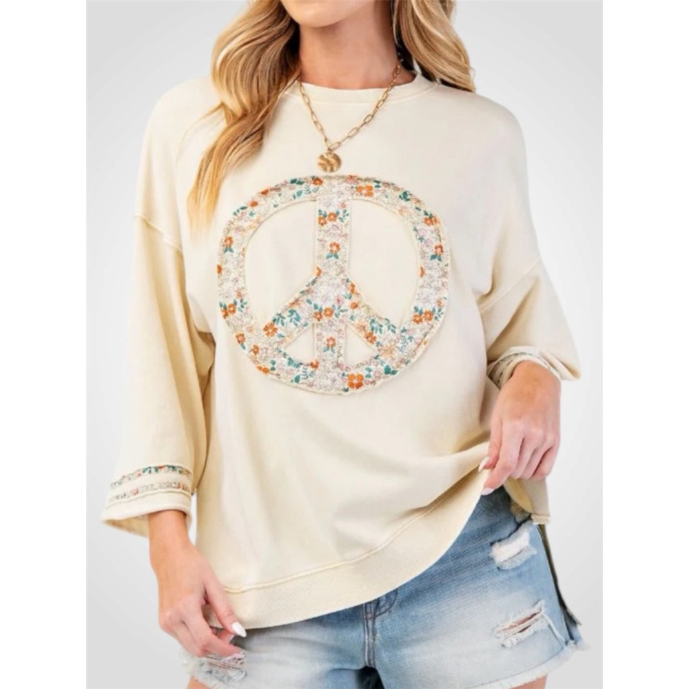 Easel Oversized Peace Patch Terry Knit Top in Oatmeal Size S